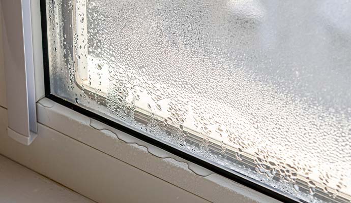Basement window with heavy condensation and peeling paint