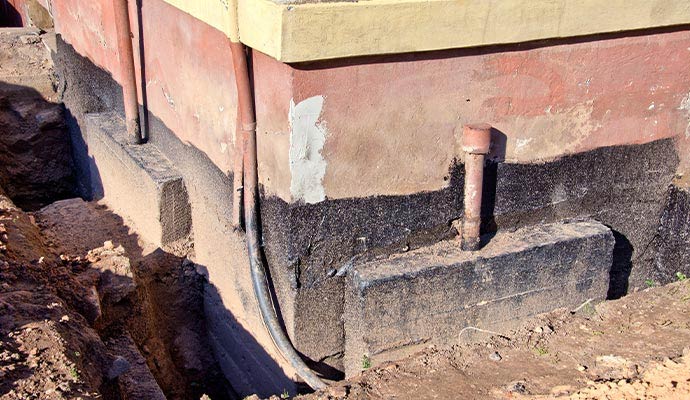 A significant stair-step crack in an exterior brick foundation wall, indicating structural settling or soil movement
