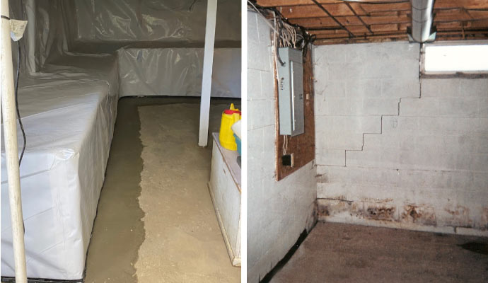 Collage of cracked foundation wall and floor