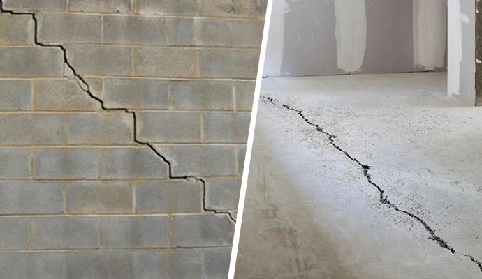Collage of cracked foundation wall and foundation floor