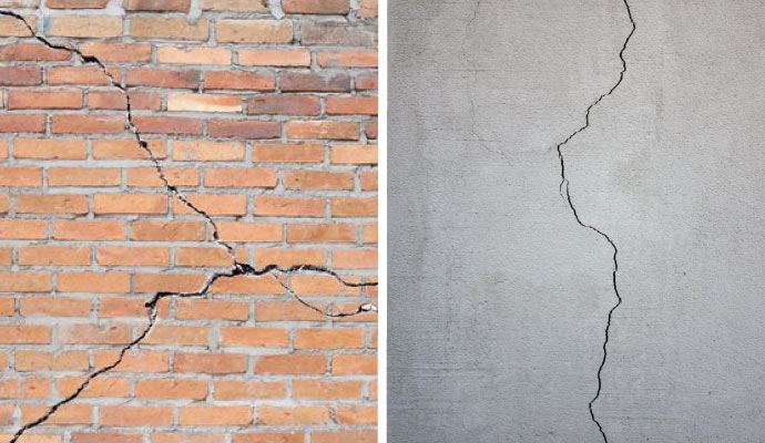 Collage of cracks in brickwork and cracks in drywall