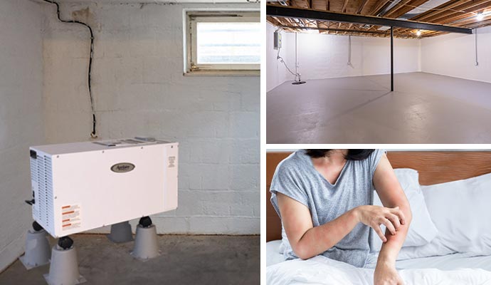 Collage of dehumidifier installation, basement waterproofing, and allergy symptoms in a woman