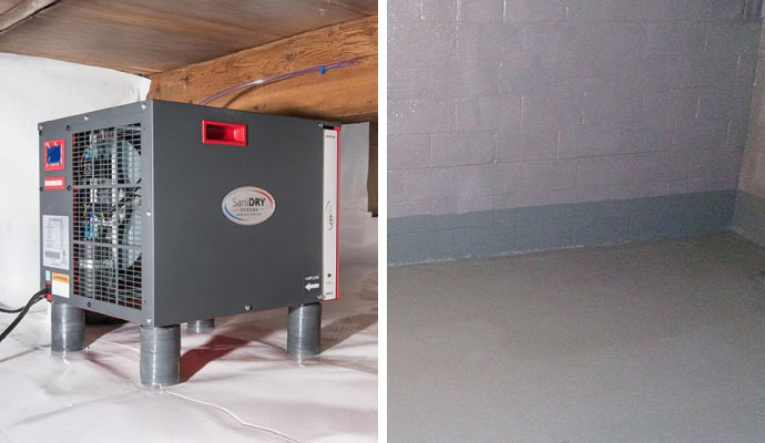 Collage of dehumidifiers and foundation wall