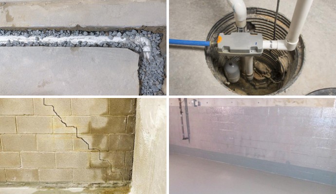 Collage of drainage system, sump pump, cracked and repaired basement walls