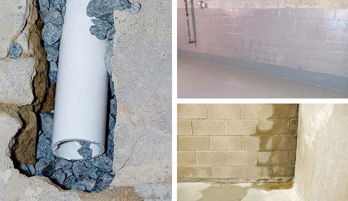 Collage of drainage system, basement and cracked wall