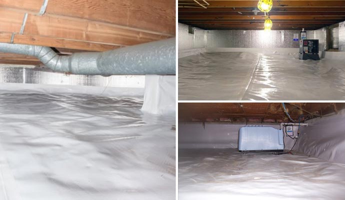Collage of encapsulated crawl space and dehumidifiers