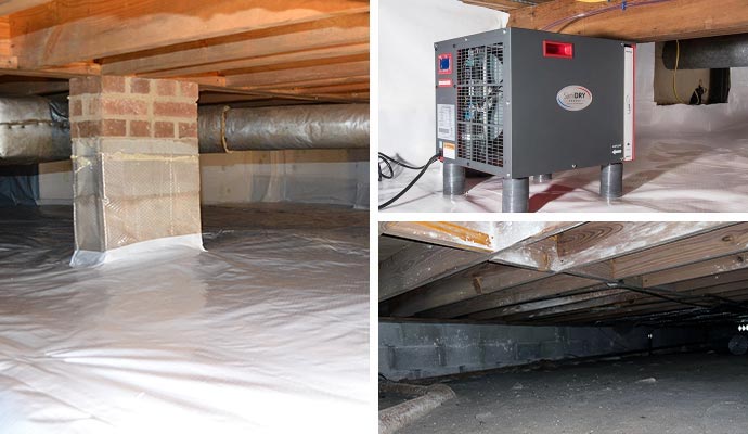 Collage of crawl-space encapsulation, dehumidification, and structural damage Collage of crawl-space encapsulation, dehumidification, and structural damage