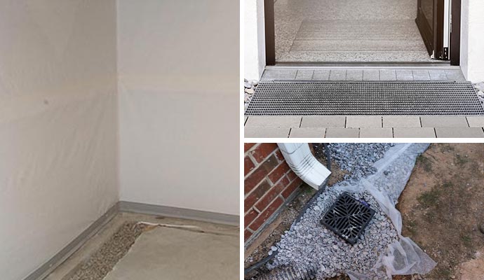 Collage of interior, exterior and downspout drainage systems
