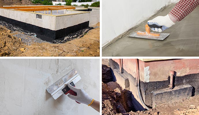 Collage showing multiple foundation repair services, including floor leveling, wall repair and structural stabilization
