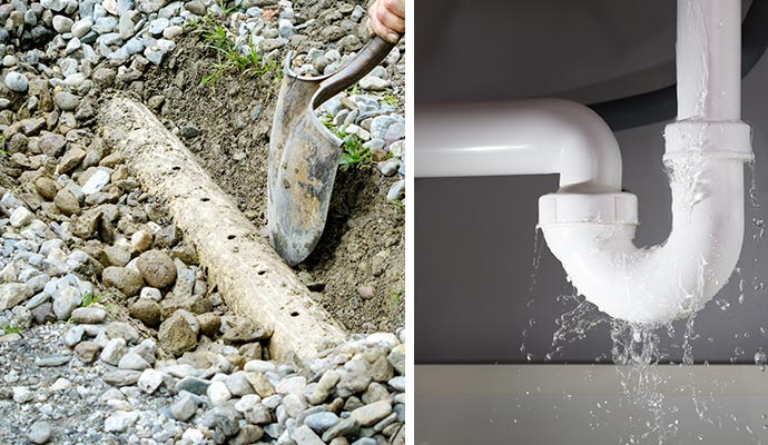 Collage of poor drainage and plumbing leaks