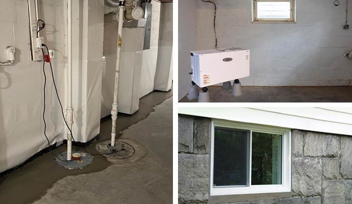 Collage of sump pump, dehumidifier and window in basement