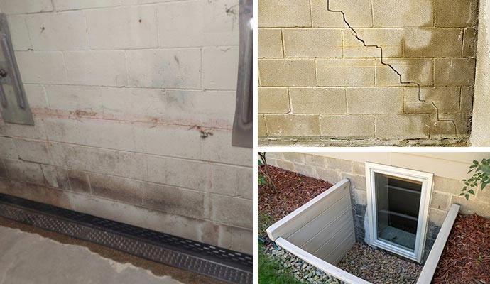Collage of water damage, wall crack and basement window