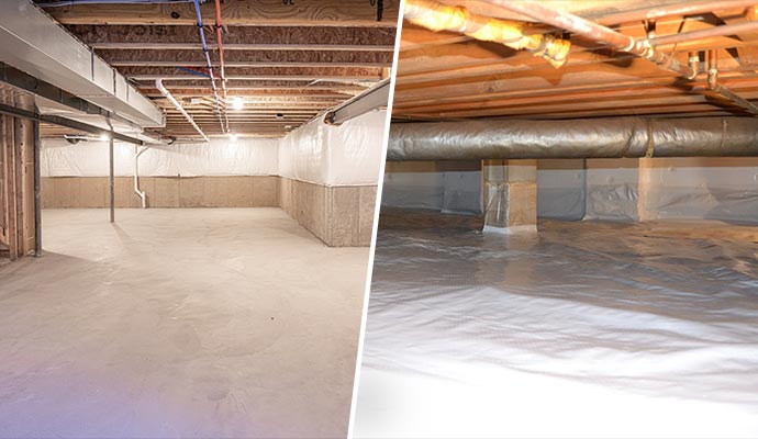 Collage of waterproofed basement and encapsulated crawl space