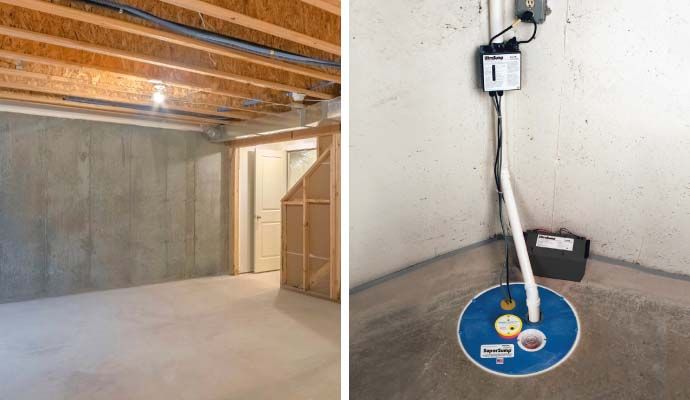Collage of waterproofed basement and installed sump pump