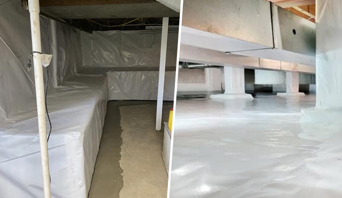Collage showing waterproofed crawl spaces lined with white vapor barriers for
moisture protection