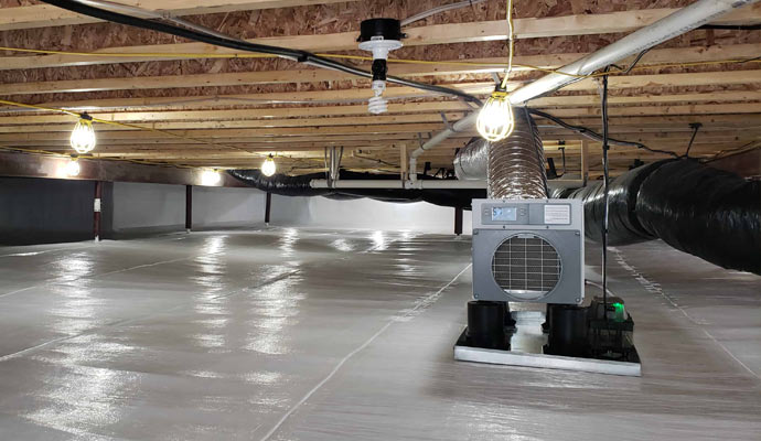 Installed dehumidification system in crawl space