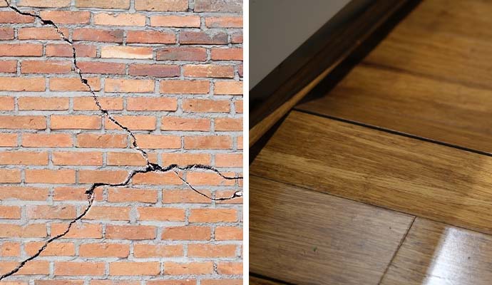 Collage of cracked wall and sagging floor