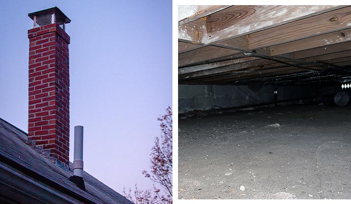 collage of leaning chimney and moisture in crawspace