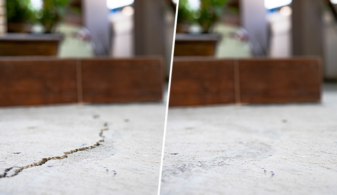 a collage of before and after floor crack repair