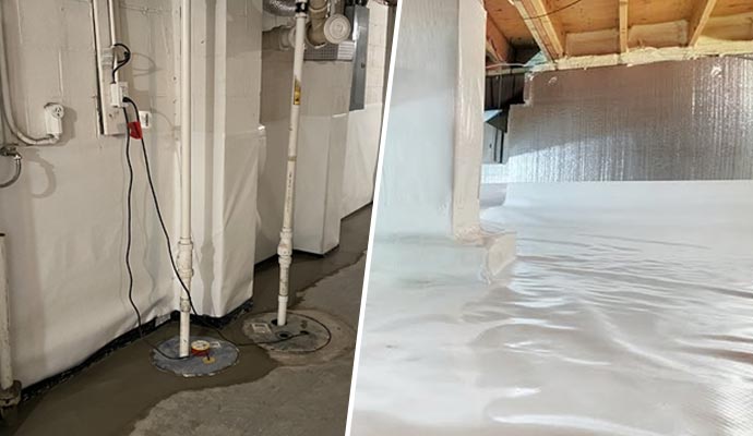 Installed sump pump and encapsulated crawl space