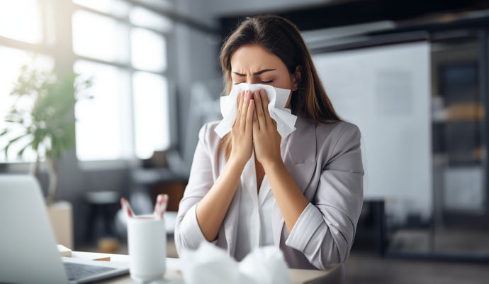 sick woman blowing her nose because of an allergy