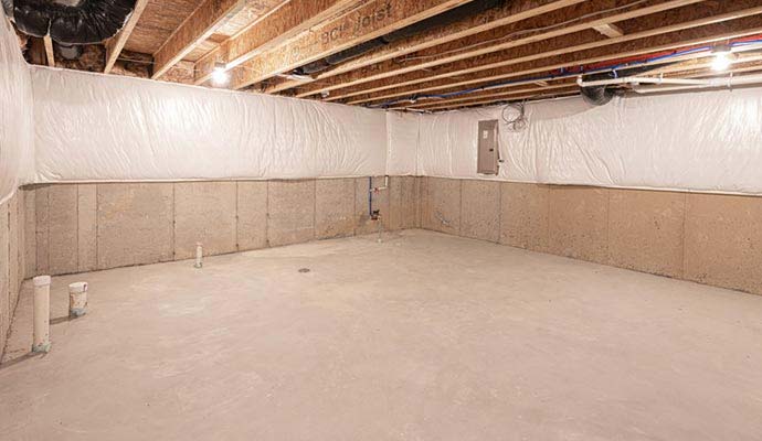 Unfinished basement with concrete wall